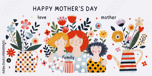 Happy mother s day illustration featuring three women and floral arrangements