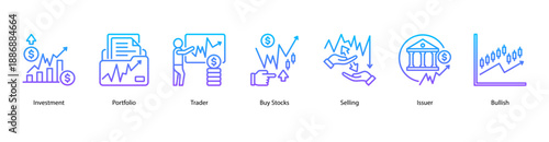 Investment Strategies web banner icon vector illustration featuring Investment, Portfolio, Trader, Buy Stocks, Selling, Issuer, and Bullish.