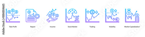 Market Overview web banner icon vector illustration featuring Take Profit, Report, Income, Stock Market, Trading, Volatility, and Market Capitalization.