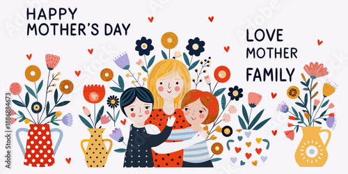 Happy mother s day illustration featuring a family and floral decorations