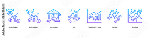 Market Trends web banner icon vector illustration featuring Bear Market, Bull Market, Institution, IPO, Candlestick Chart, Trading, and Trading.