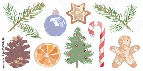Watercolor christmas elements including ornaments pine branches and festive treats