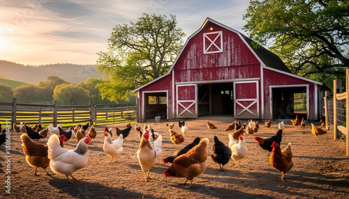 A serene rural landscape features an old wooden building on a green farm where cows and horses graze in a summer field under a blue sky