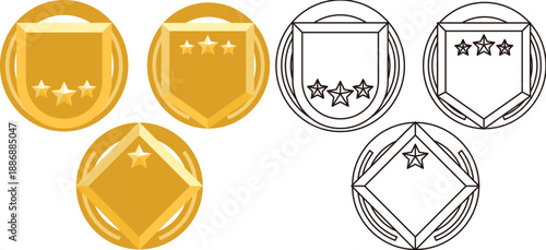 星モチーフ入り金色メダルとシールド型エンブレムのイラストセット｜評価・ランク・実績表現に使える装飾用アイコンと線画バリエーション素材