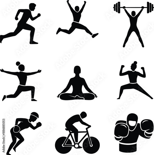 Collection of black sports silhouettes including running cycling boxing weightlifting and yoga poses for fitness training concept.