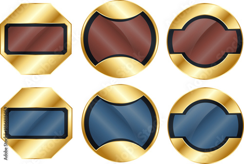 金色メタリックフレームメダルに彩色プレートを組み合わせた装飾エンブレムセット｜高級感のある円形と多角形デザインを収録した汎用バッジ風イラスト素材