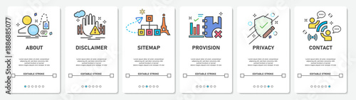Development website Menu about, disclaimer, privacy, provision, contact. sitemap mobile app screens simple vektor flat design Illustration