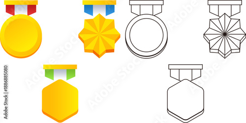 達成や評価を象徴するメダルと勲章モチーフのイラストセット｜金色表現と線画バリエーションを含む汎用表彰デザイン素材