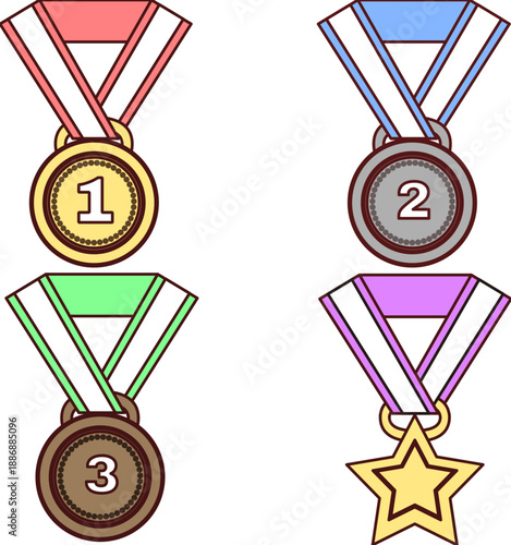 順位別カラーで表現したメダルイラストセット｜金・銀・銅の表彰デザインと星型トロフィーを含むランキング・受賞向け素材