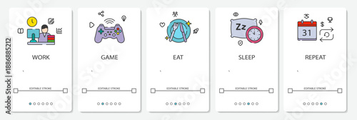 UI Development Digital Menu website, mobile app screens, background simple vektor flat design work game sleep repeat