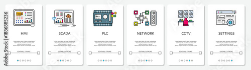 UI Development Digital Menu HMI SCADA PLC NETWORK CCTV SETTINGS status website mobile app screens simple vektor flat design