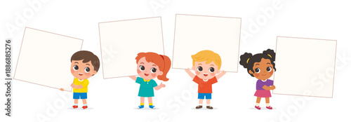 Diverse preschool children holding blank sign boards together, smiling and presenting empty posters for custom messages, education, or advertising use.