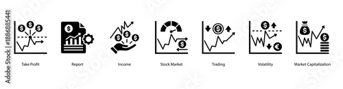Market Overview web banner icon vector illustration featuring Take Profit, Report, Income, Stock Market, Trading, Volatility, and Market Capitalization.