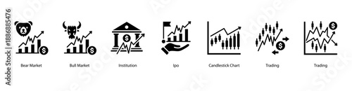 Market Trends web banner icon vector illustration featuring Bear Market, Bull Market, Institution, IPO, Candlestick Chart, Trading, and Trading.