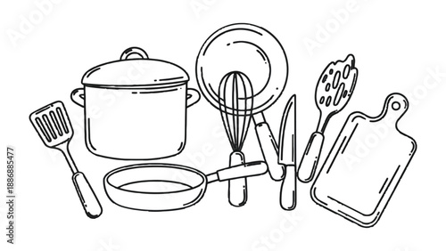 Culinary Essentials: An artful illustration showcases a collection of essential cooking tools. a diverse array of culinary utensils, from pots and pans to whisks and spatulas.