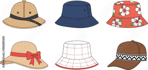 A collection of diverse headwear styles, including a safari helmet, bucket hats, a sun hat, and a baseball cap design.