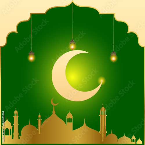 Eid Mubarak calligraphy greetings. Eid al-Fitr or Al-Adha greetings with colorful border. Translation: "Celebration day of Muslims after fasting month."