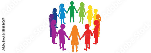Diverse group of people standing together in a circle, holding hands, symbolizing unity and togetherness in a vibrant illustration.