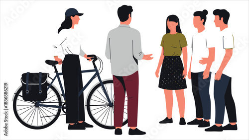 Group of Diverse Young Adults Friends Hanging Out in Urban City with Bicycle Vector Illustration.eps