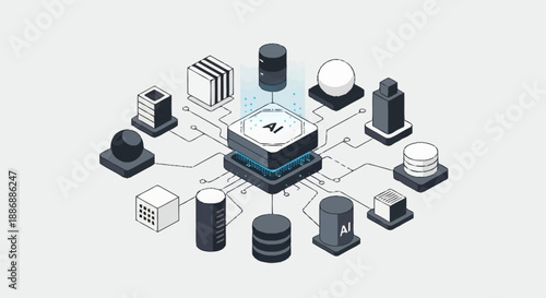 Isometric illustration of a central server connected to various devices and databases.
