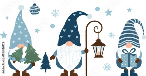 Cute winter gnome characters with lantern, gifts, snowflakes, and pine trees in blue pastel kawaii style for Christmas vector illustrations