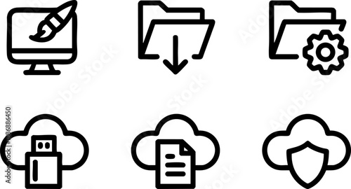 Cloud Storage Upload Download Folder Line Icons Set Vector EPS Outline Web App UI Symbols