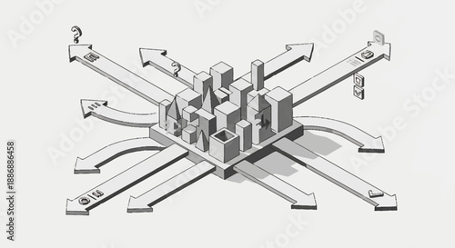 3D illustration of a complex mechanical device with multiple parts.