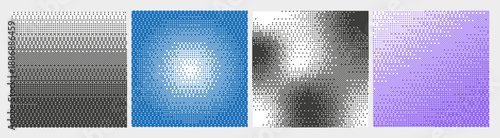 Set of 4 abstract square backgrounds with bitmap dither effect. Retro pixelated halftone gradients in blue, purple, and monochrome. Trendy Y2K tech style for digital design. Vector illustration.