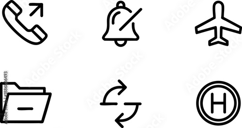 Phone Notification Travel Line Icons Set Call Bell Plane Folder Refresh Heliport Vector EPS Outline