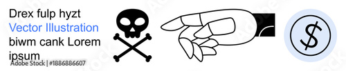 Financial danger, caution, piracy, money risks, economy warning, and legal violation. Skull with crossbones, hand pointing dollar sign. Financial danger and legal violation concepts