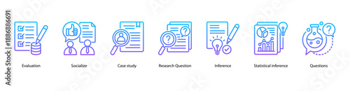 Research and Inquiry web banner icon vector illustration featuring Evaluation, Socialize, Case Study, Research Question, Inference, Statistical Inference, and Questions.