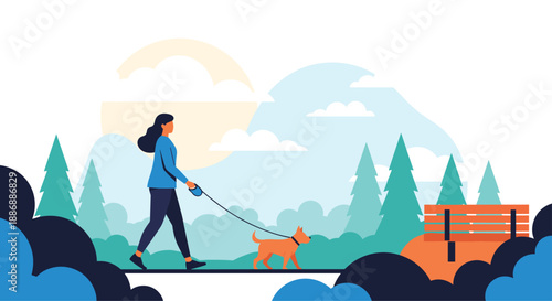 Woman in a blue jacket walking her brown dog on a leash through a park with pine trees and a wooden bench.