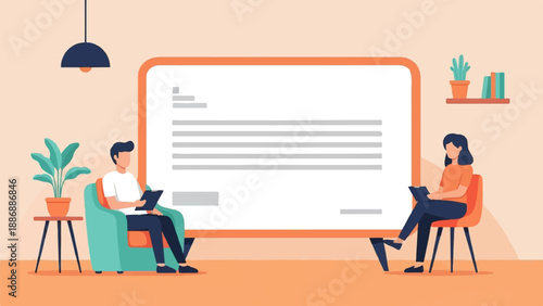 Two people sit opposite each other by a large presentation screen