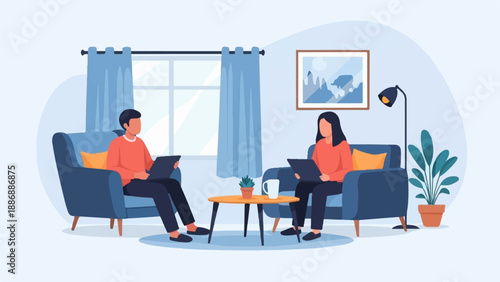 Two people sit in armchairs, each working on a laptop in a living room setting