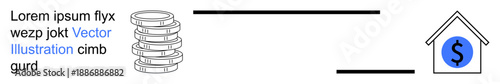 Finance, banking, transactions, savings, home investments, economy. Stacked coins connected to a house with a dollar sign icon. Finance and banking for money management concepts