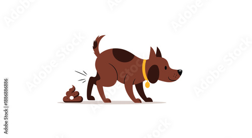 Small brown dog squatting to poop on a white background with a simple illustration style and cute expression.