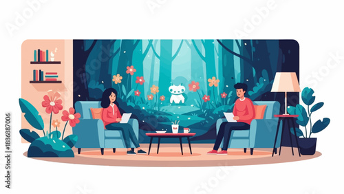 Two people sit comfortably in armchairs reading laptops with a magical forest behind them
