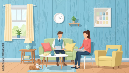 Two people sitting in a cozy living room, one on couch with laptop, other on chair with papers