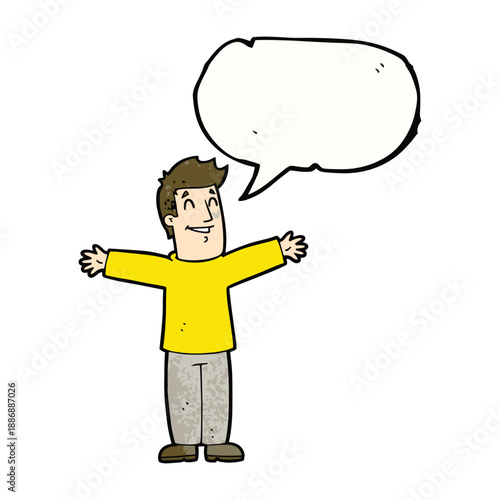 Man with open arms and speech bubble