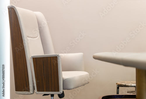 Business conference environment showcasing poised executive chair and table