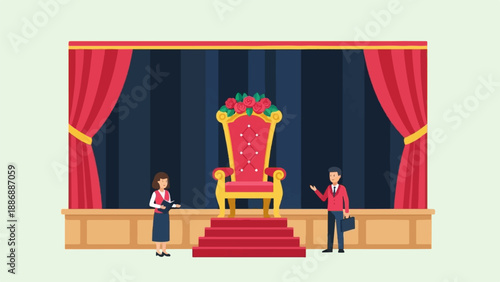 Two people stand on a stage before a throne, with red curtains drawn
