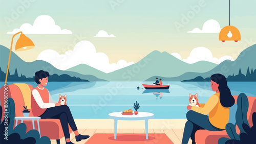 Two people relax with dogs by lake, with mountains & boat
