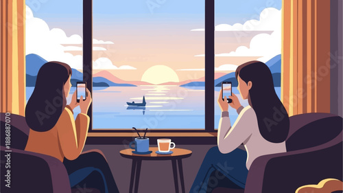 Two people relax with coffee, taking photos of a serene sunset over the water