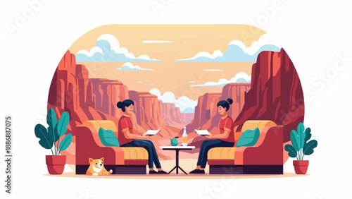 Two people relax reading in a canyon setting with a dog nearby