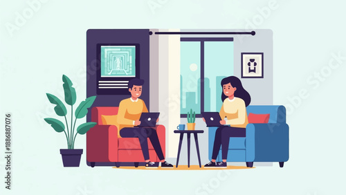 Two people sit comfortably in armchairs, each using a laptop in a cozy room