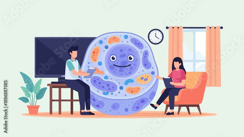 Two people study a giant cell with a smiling face