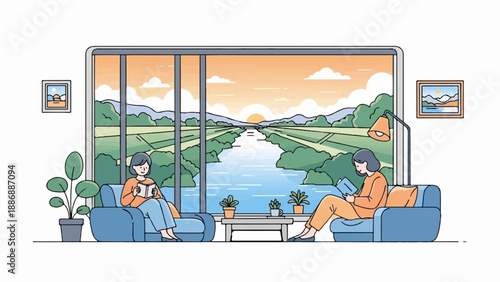 Two people relax reading books in a cozy living room with a scenic view