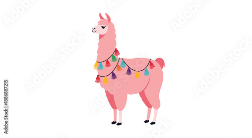 Cute pink llama or alpaca character decorated with a colorful tassel necklace standing on a white background.