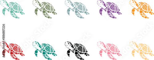Colorful sea turtle silhouettes made of circles, Ocean turtle mosaic animals in bright dots