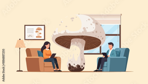 Two people sitting in armchairs, a giant mushroom dominates the room
